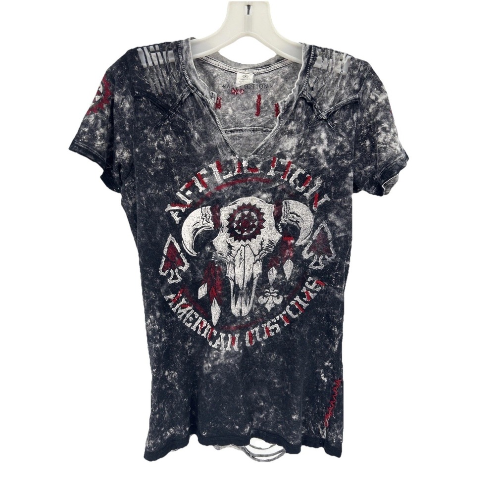 Affliction American Customs Bull Skull Acid Wash Shredded Back Graphic Tee Gray